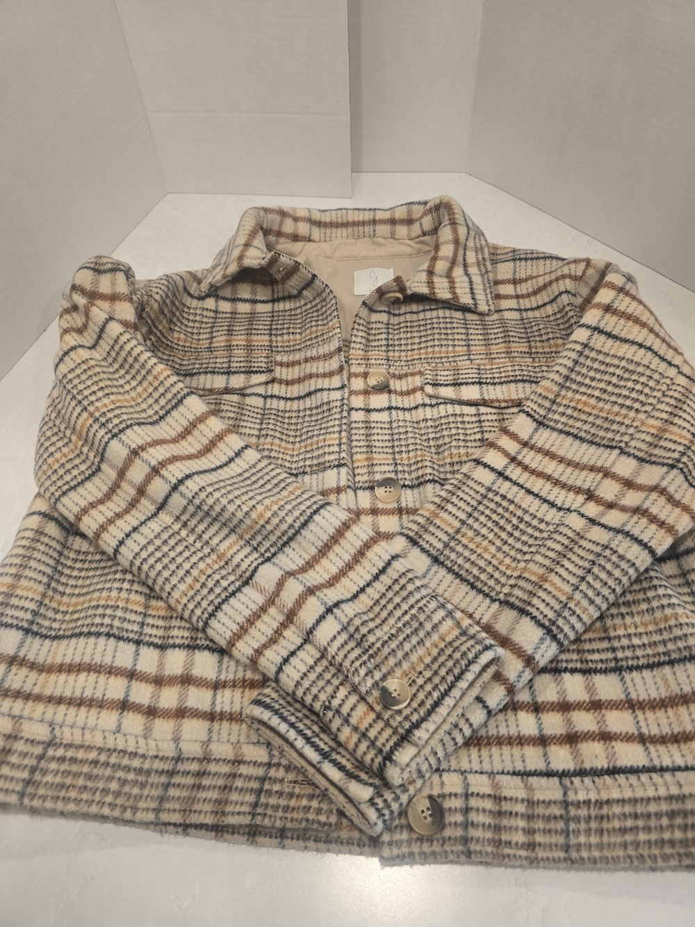 Joie Plaid Shirt Jacket in Cream, Brown, and Blue